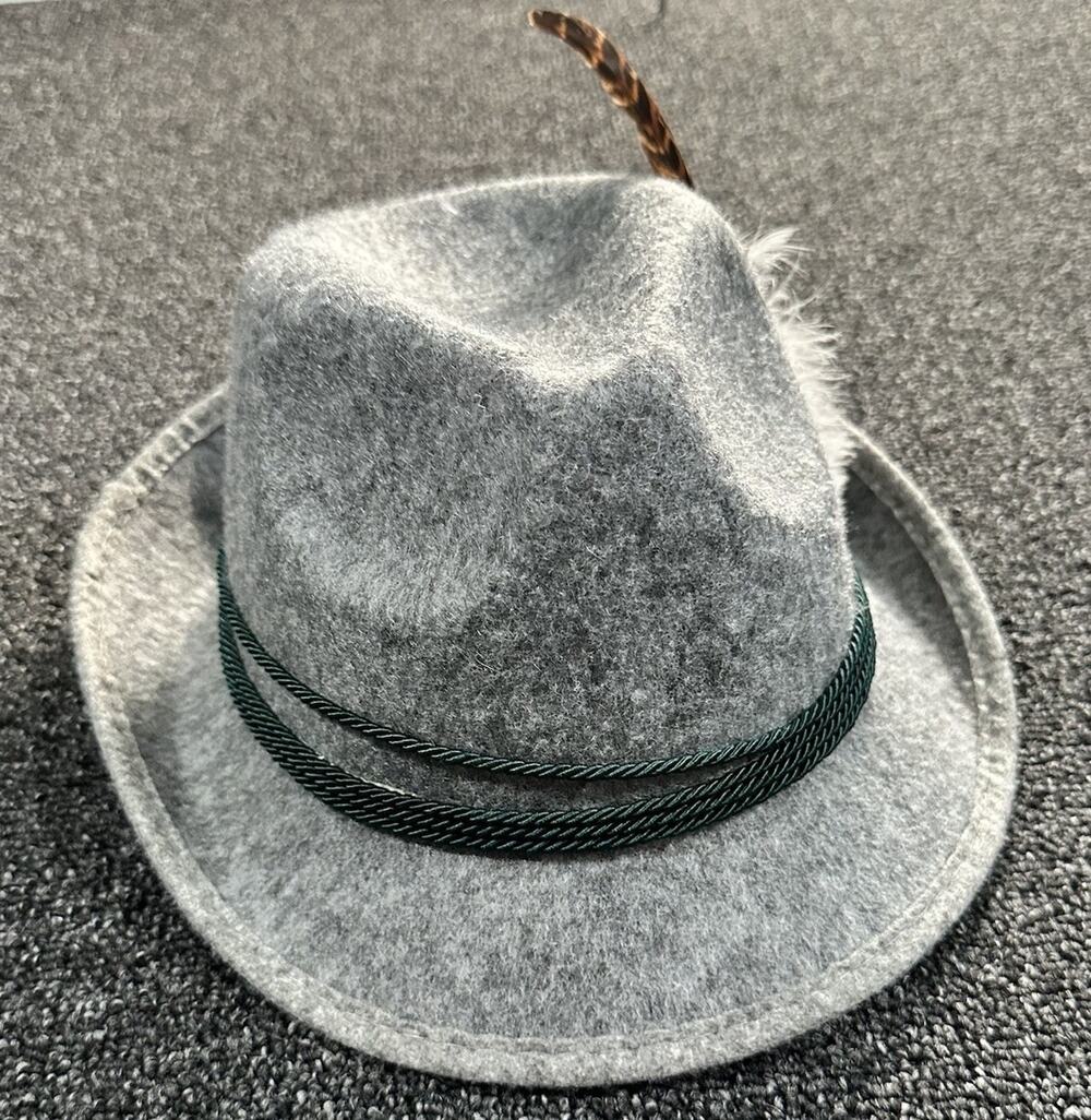 Allen Wool Hat Medium H650 German Oktoberfest W/ Feather Gray Green Sweatband
